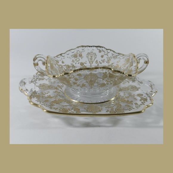 Vintage Cambridge Glass Rose Point Gold Relish/Candy Dish with Under Plate